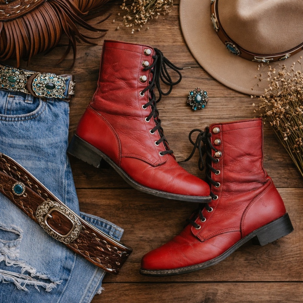 Justin Boots Red Lace-Up Leather Combat Boots